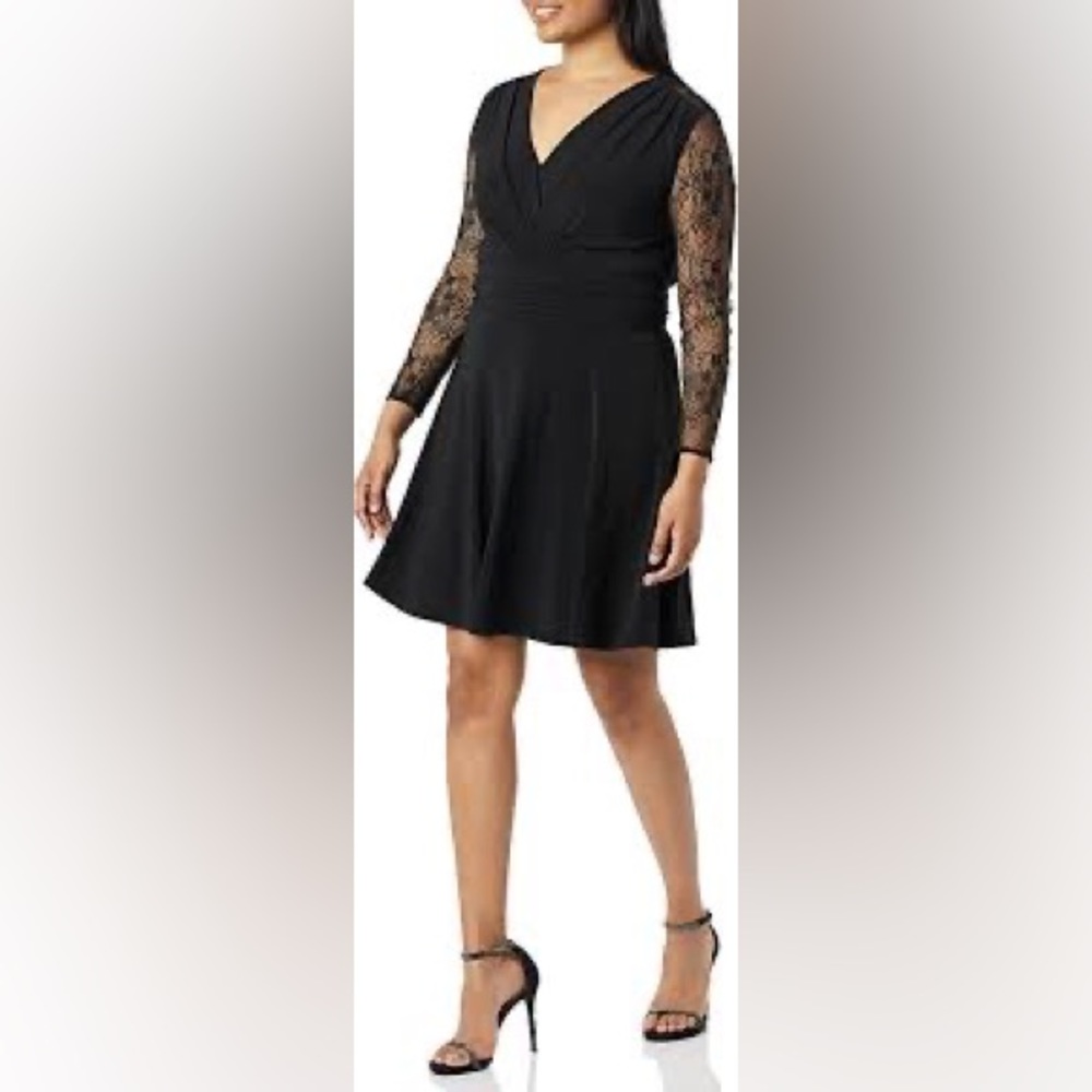 Tahari Arthur S. Levine Black Long Sleeve Lace V-Neck Cocktail Dress